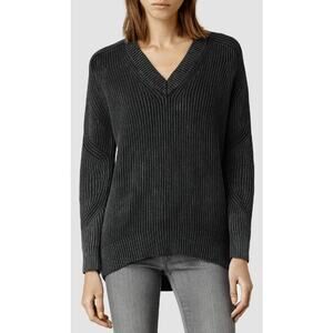 AllSaints Quinta V Neck Sweater Distressed Black Pure Cotton Knit Womens XS